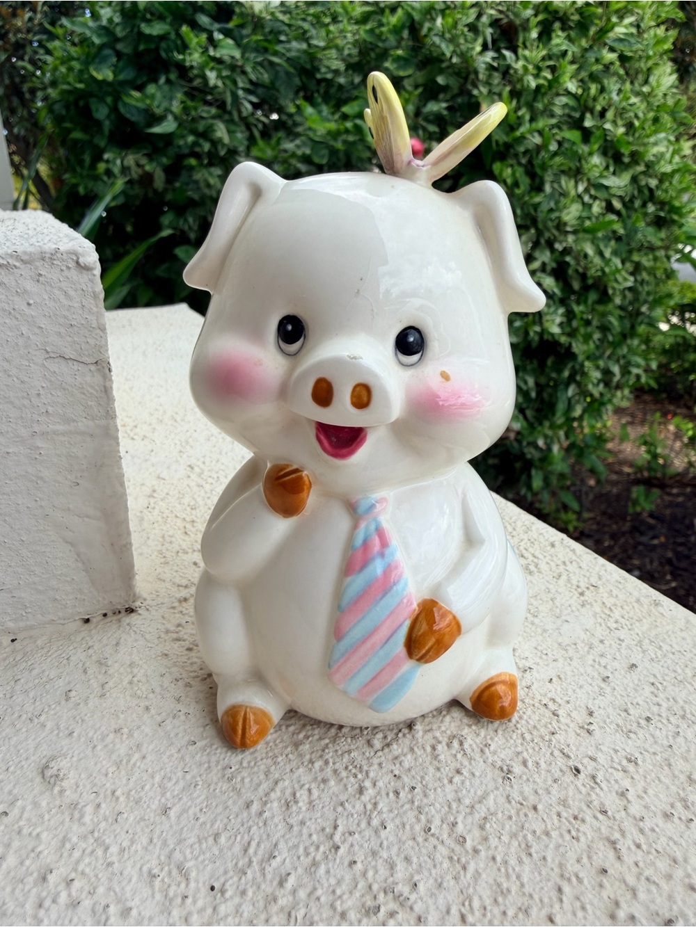Vintage Toyo Ceramic Piggy Bank Butterfly Flowers Pastel Tie Kitsch 7”
